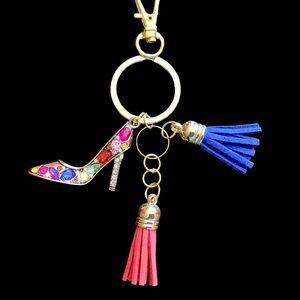 Colorful Sparkling High Heel Shoe Bag Charm / Keychain with Tassels. NWT